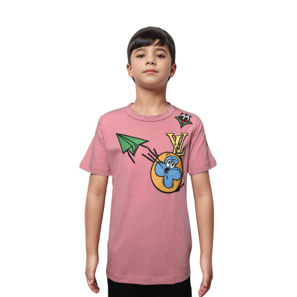 Pink Louis Vuitton Dark Blue Embroidery Design Kids T-shirt