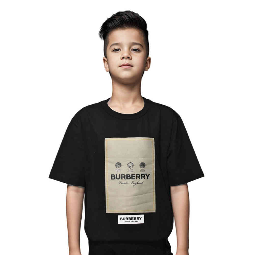 Black Burberry Label Print Grey Premium Kids T-shirt
