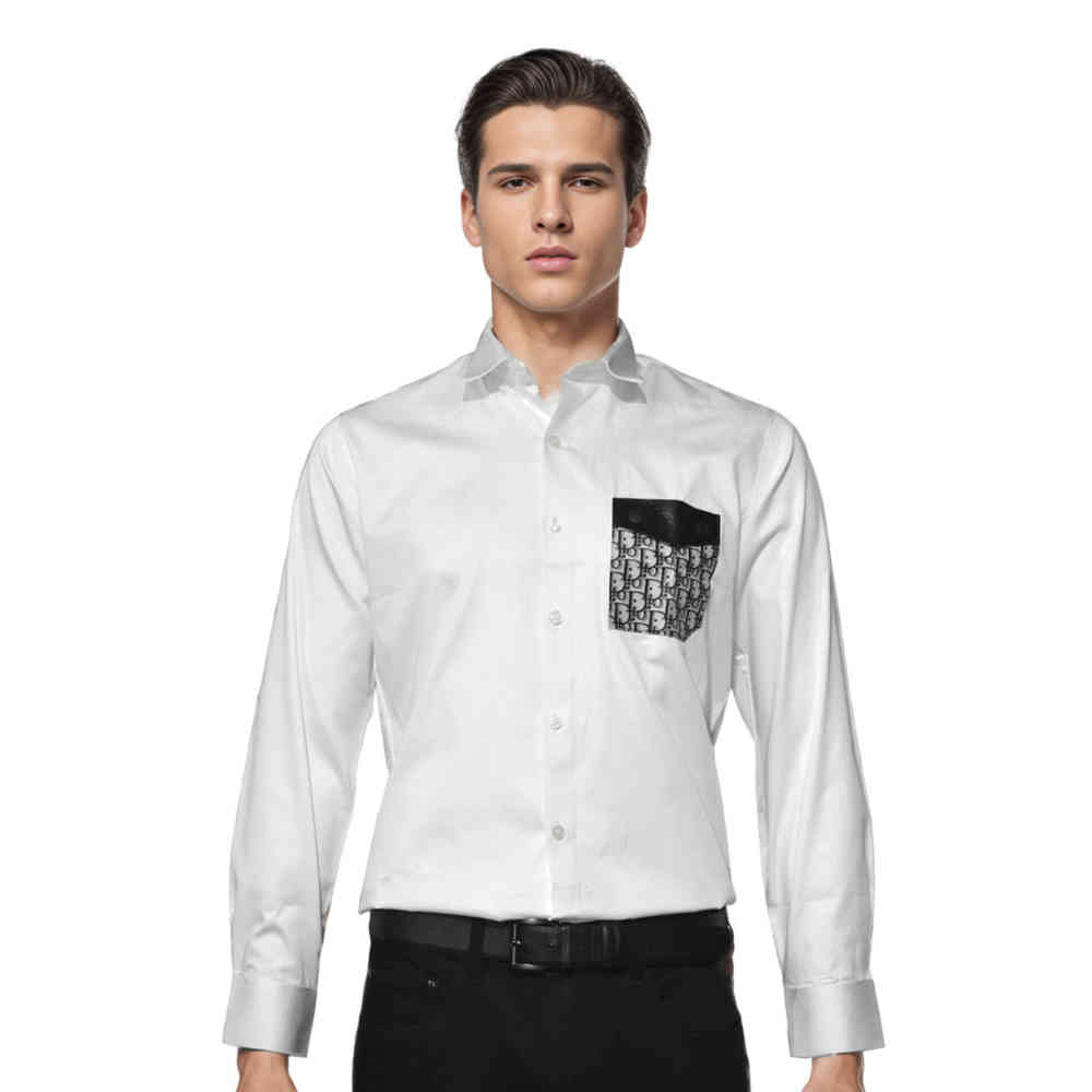 White Dior Black Oblique Pattern Pocket Logo Shirt