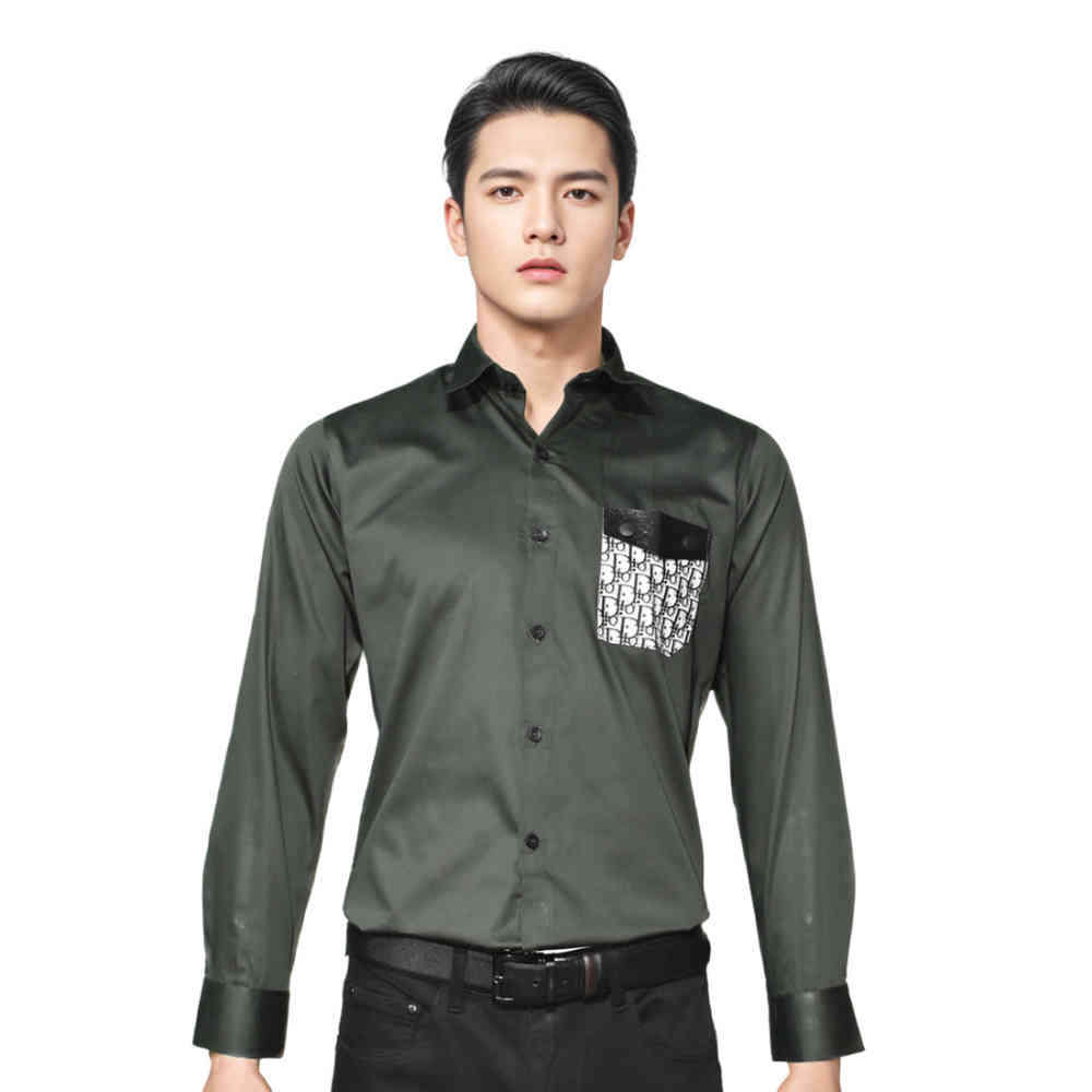 Green Dior Black Oblique Pattern Pocket Logo Shirt