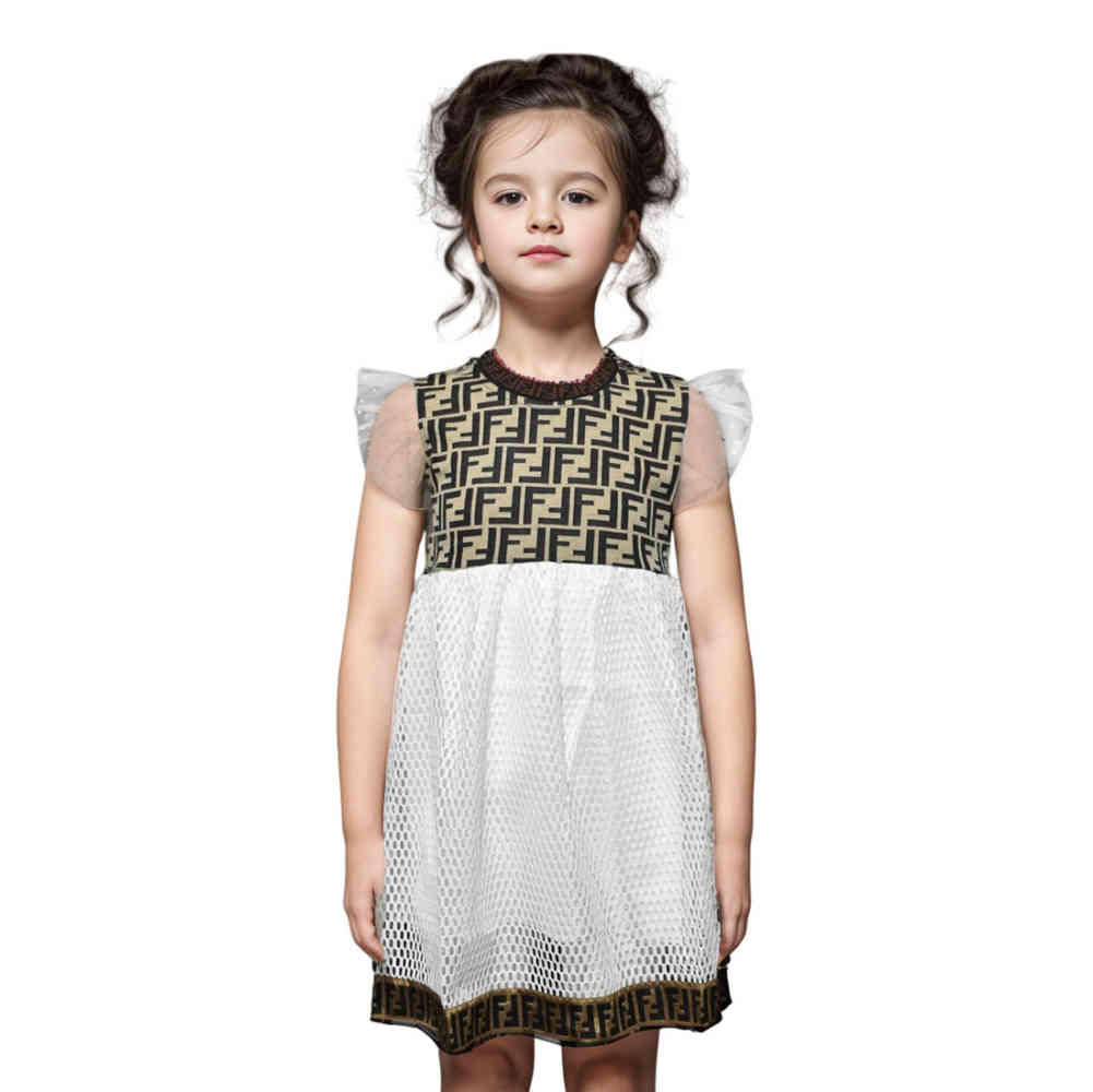 Black & Brown Fendi Black logo Print Premium Girls Dress