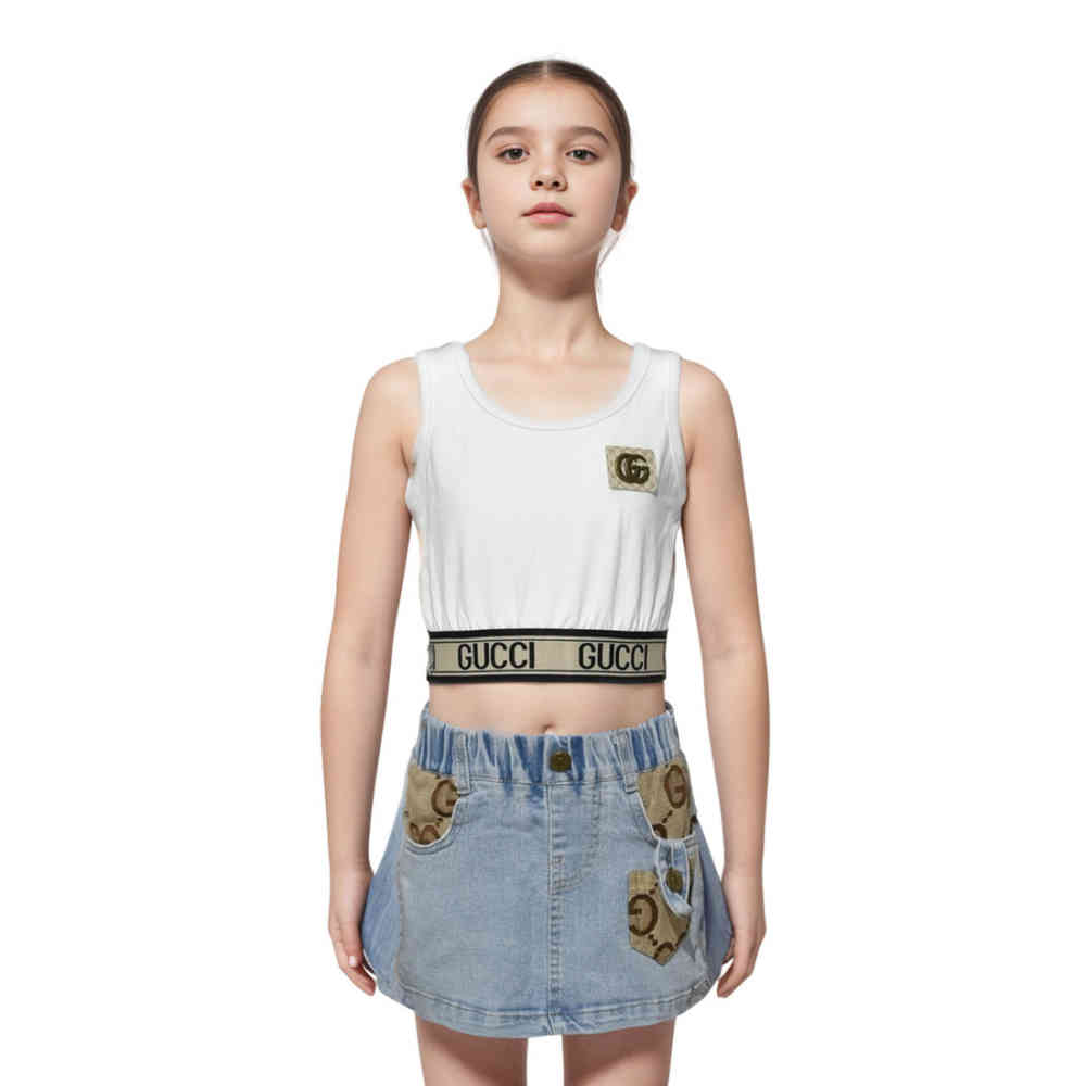 Gucci White Embossed Logo Premium Girls Co-ord Set-thumb-0
