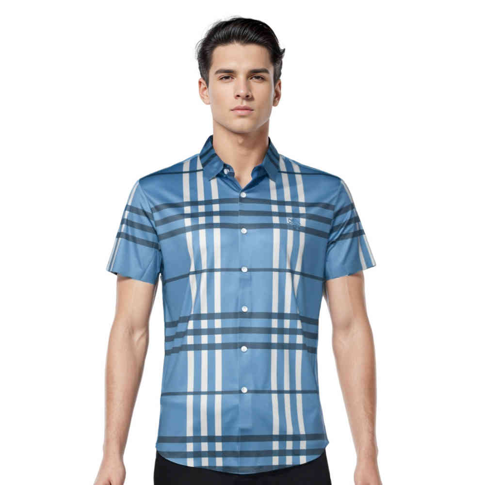 Light Blue Burberry Brown Checks Embroidered Premium Shirt