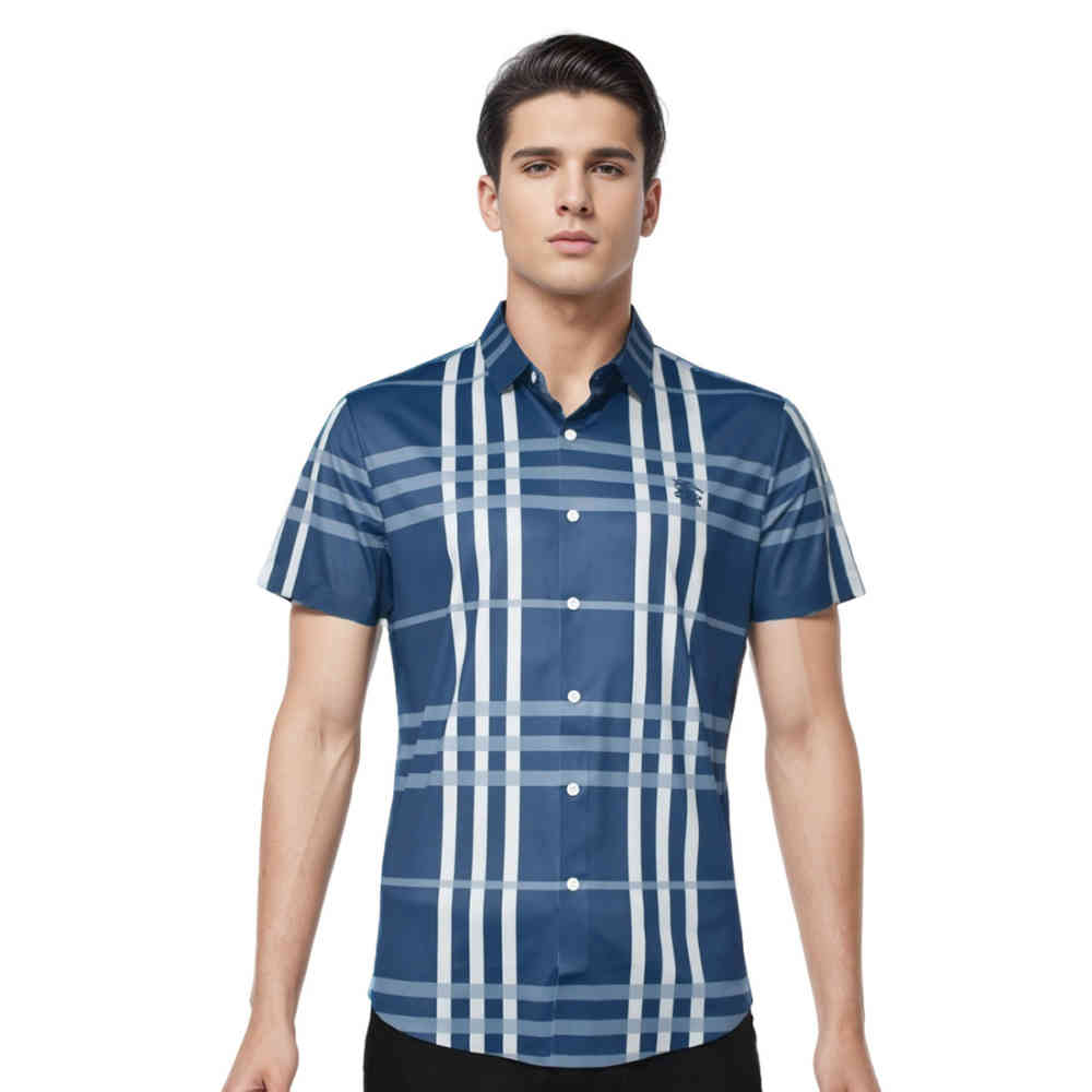 Blue Burberry Brown Checks Embroidered Premium Shirt