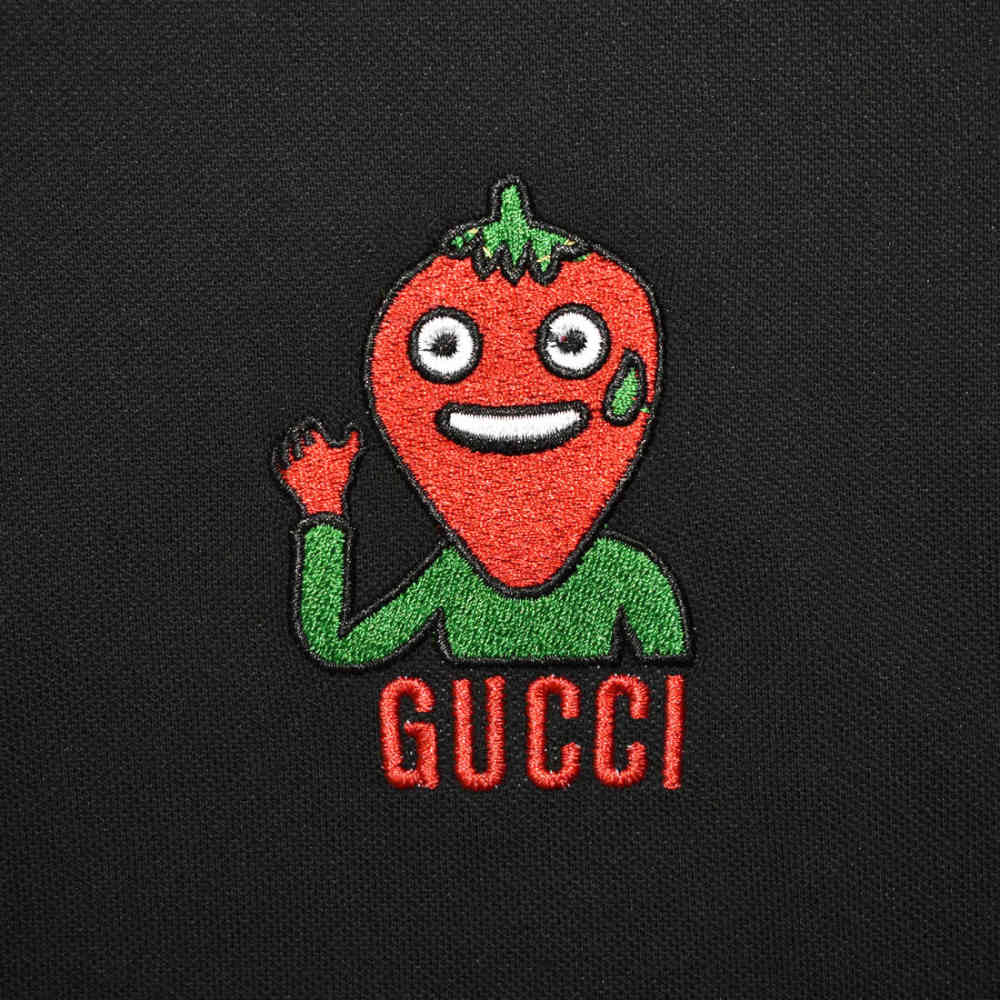 Gucci Strawberry Embroidered Black Polo T-shirt-3
