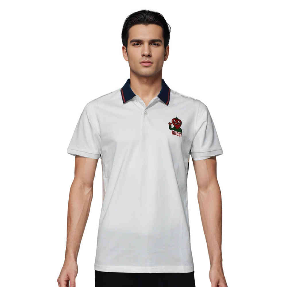 White Gucci Strawberry Embroidered Black Polo T-shirt