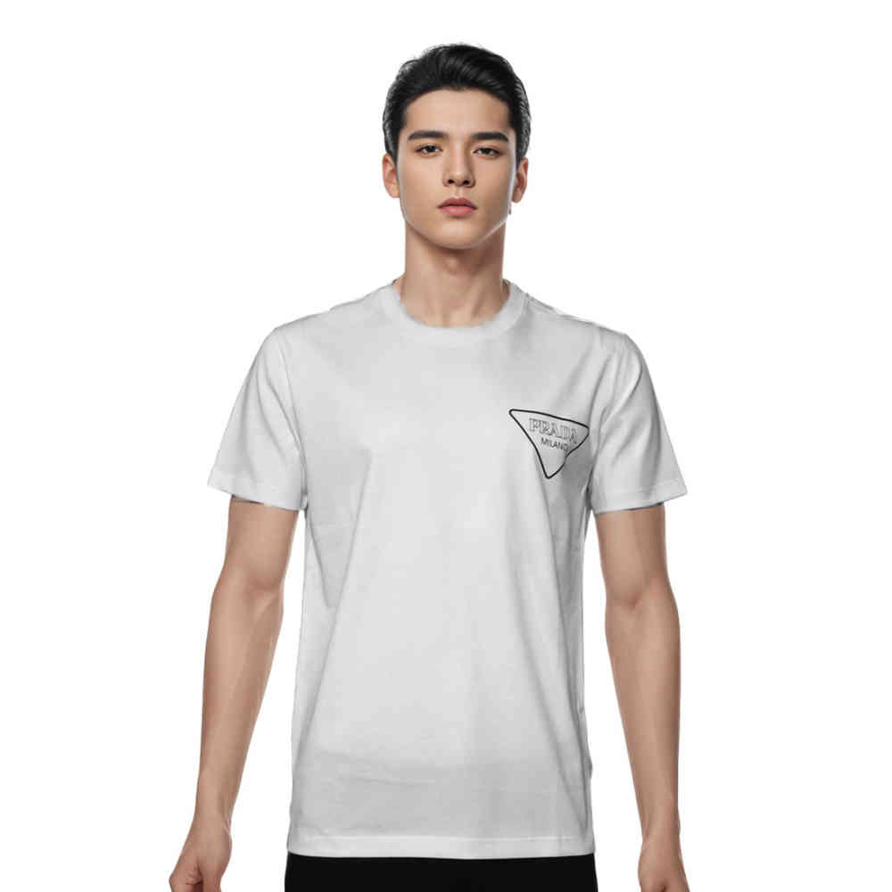 White Prada Orange Logo Re-Nylon Detail Premium T-shirt