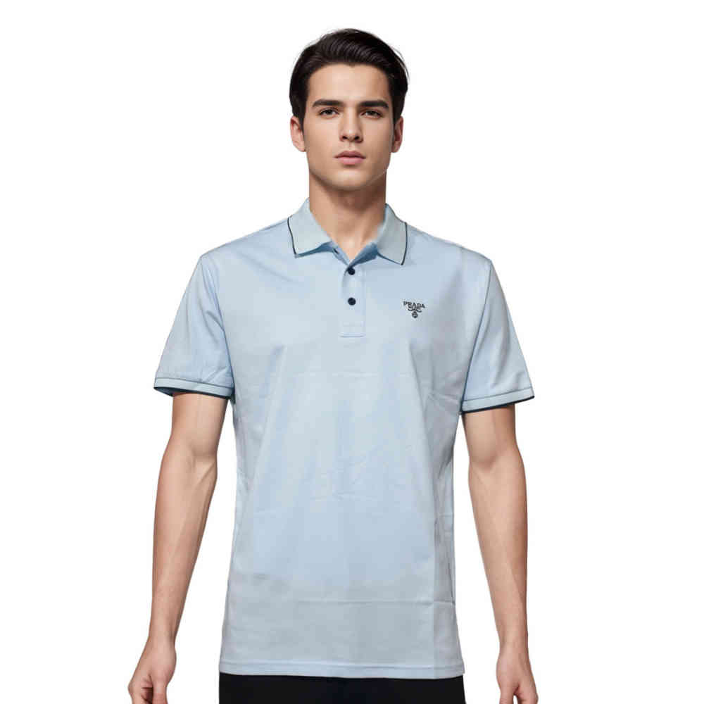 Sky Blue Prada Brown Embroidery Logo Premium Polo T-shirt