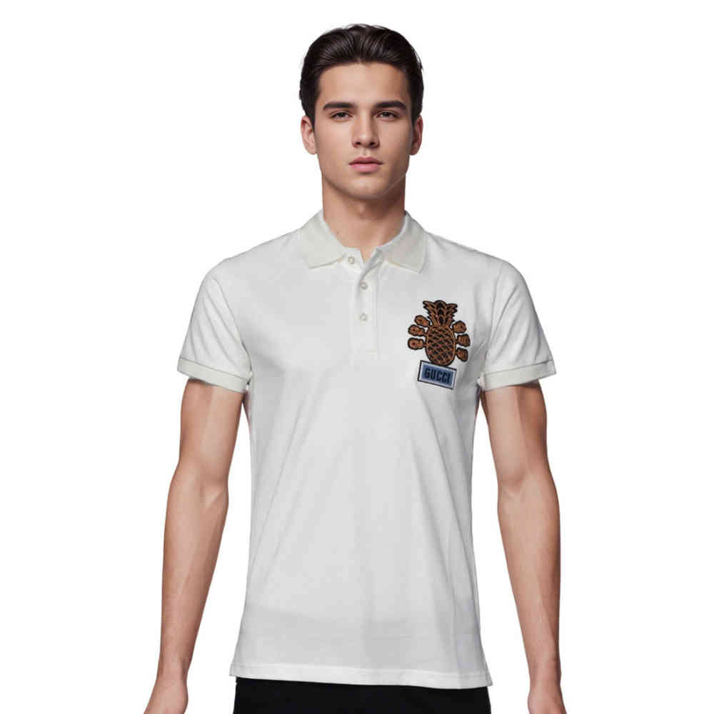 White Gucci Pineapple Print Black Premium Polo T-shirt