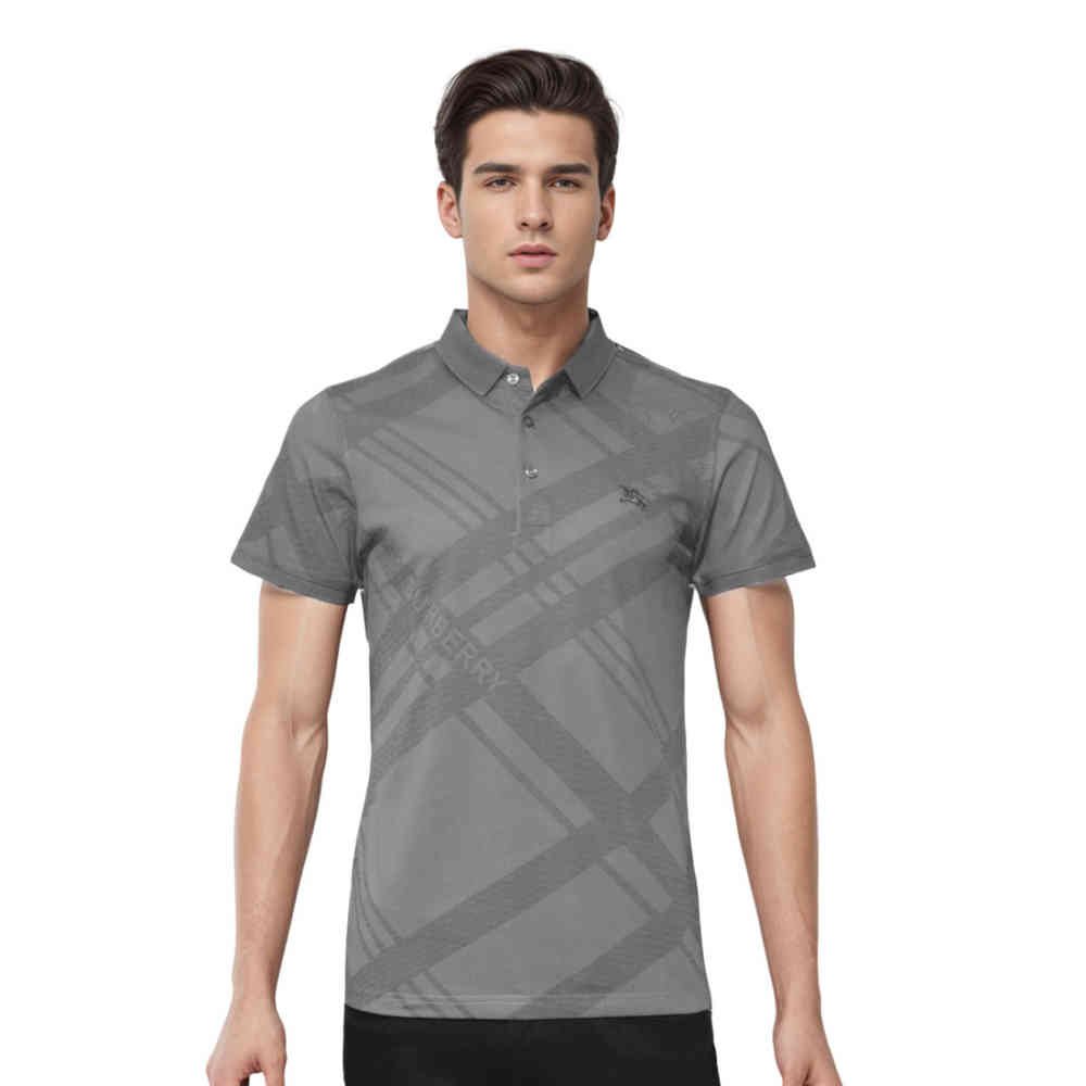 Grey Burberry Black Checks Printed Polo T-shirt