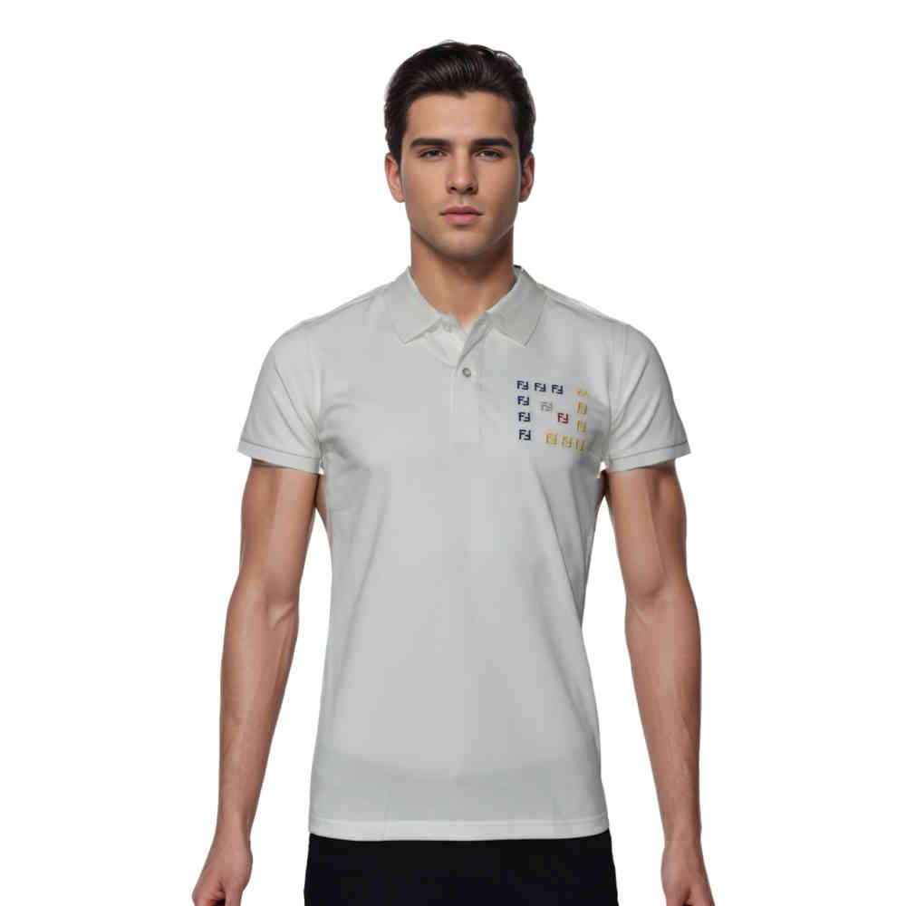 White Fendi Embroidered logo Teal Blue Premium Quality T-shirt
