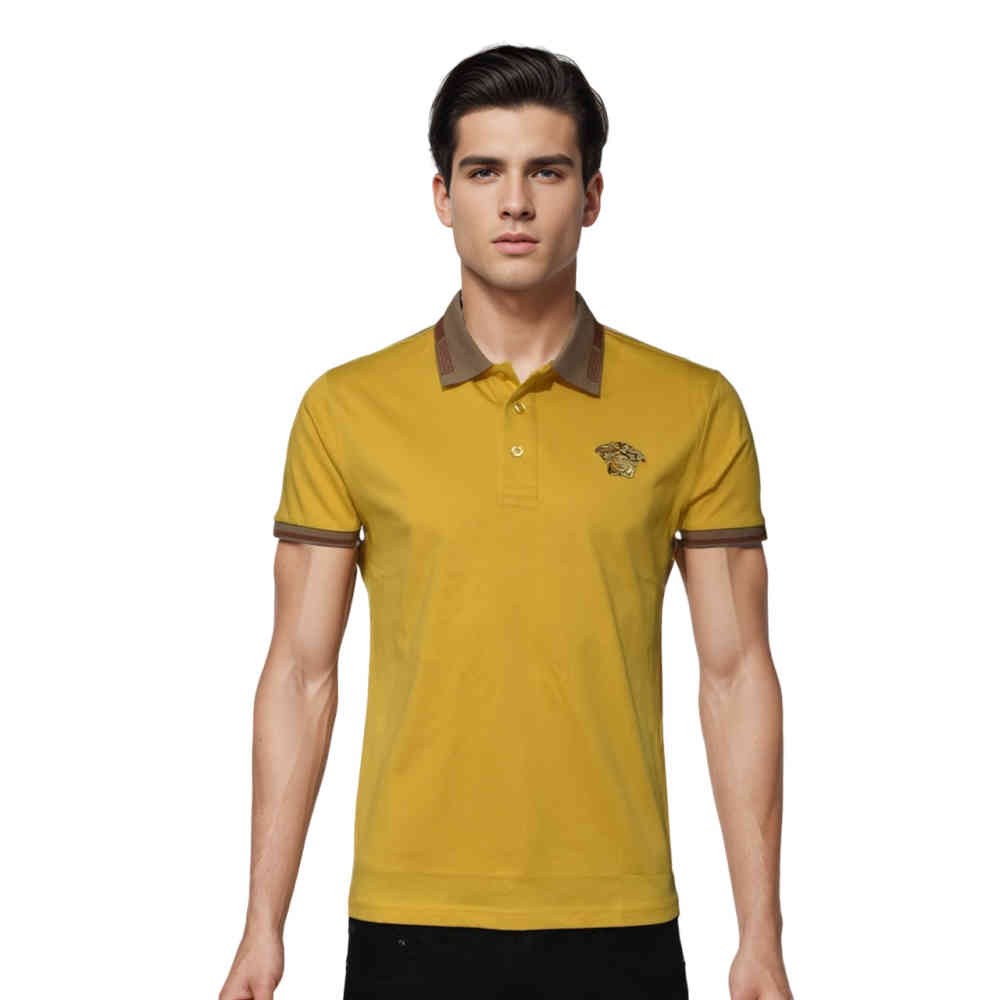 Yellow Versace Embossed logo Black Premium Polo T-shirt