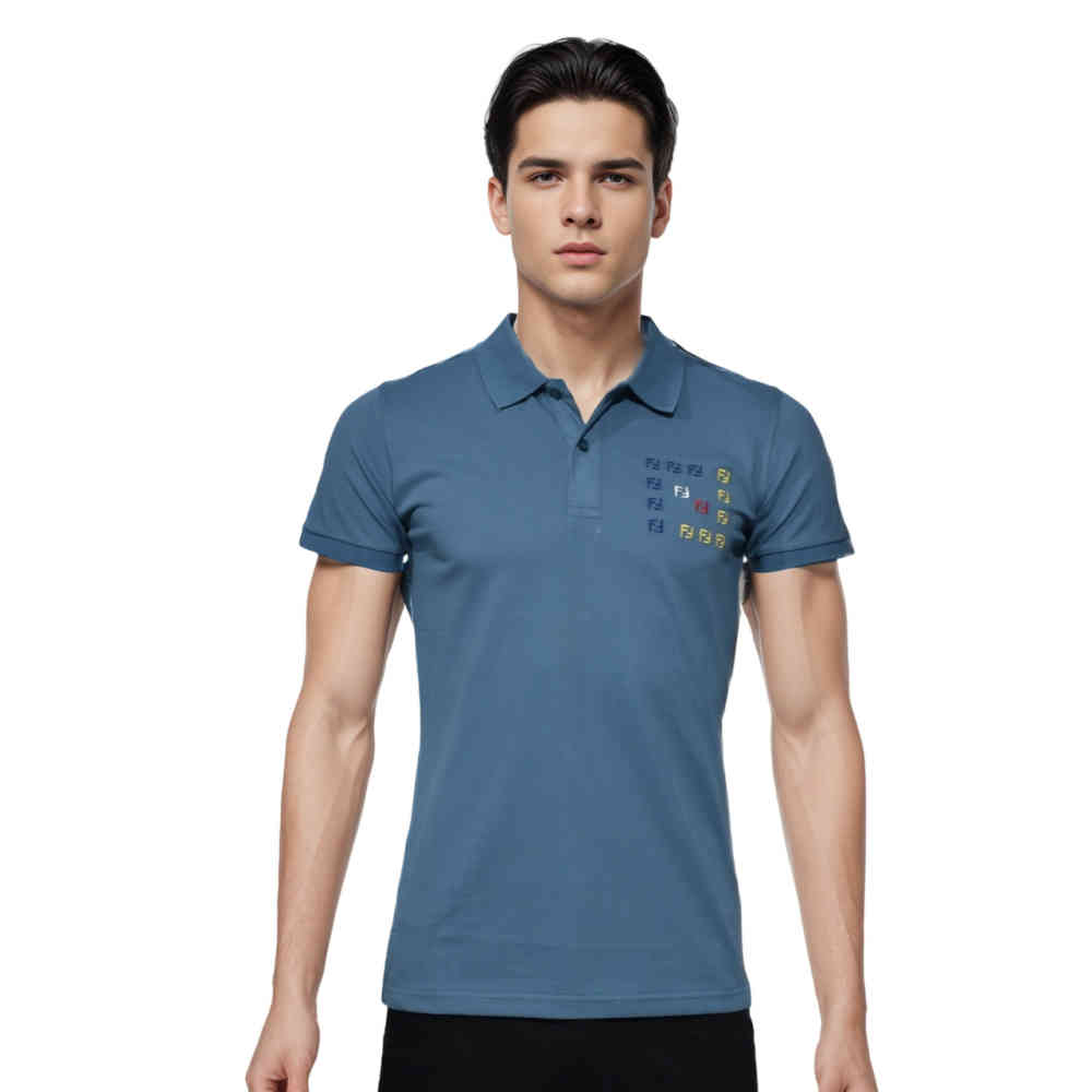 Blue Fendi Embroidered logo Teal Blue Premium Quality T-shirt