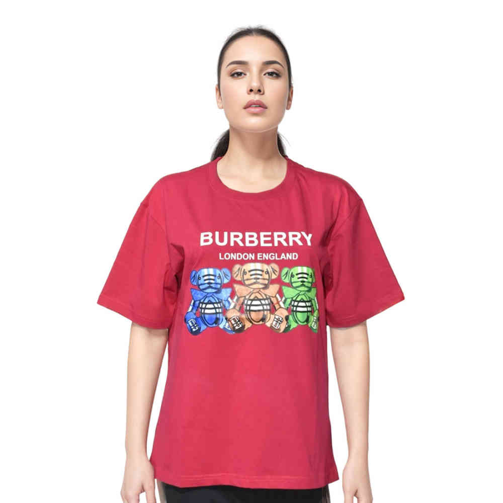 Red Burberry Black Teddy Print Women Oversized T-shirt