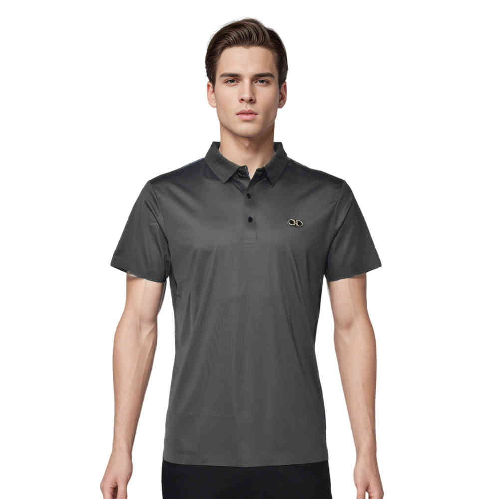Grey Ferragamo Pink Embossed Logo Premium Polo T-shirt