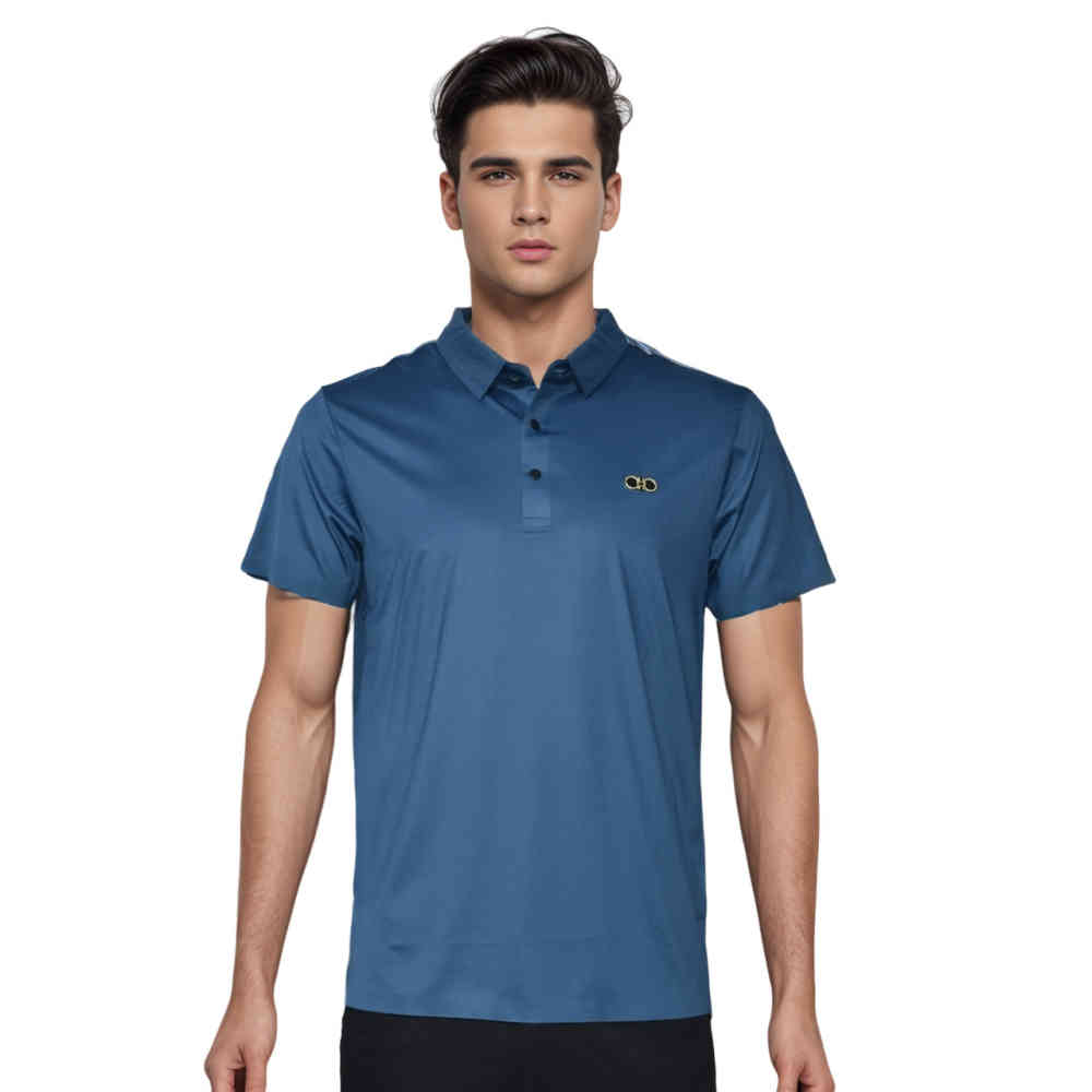 Blue Ferragamo Pink Embossed Logo Premium Polo T-shirt
