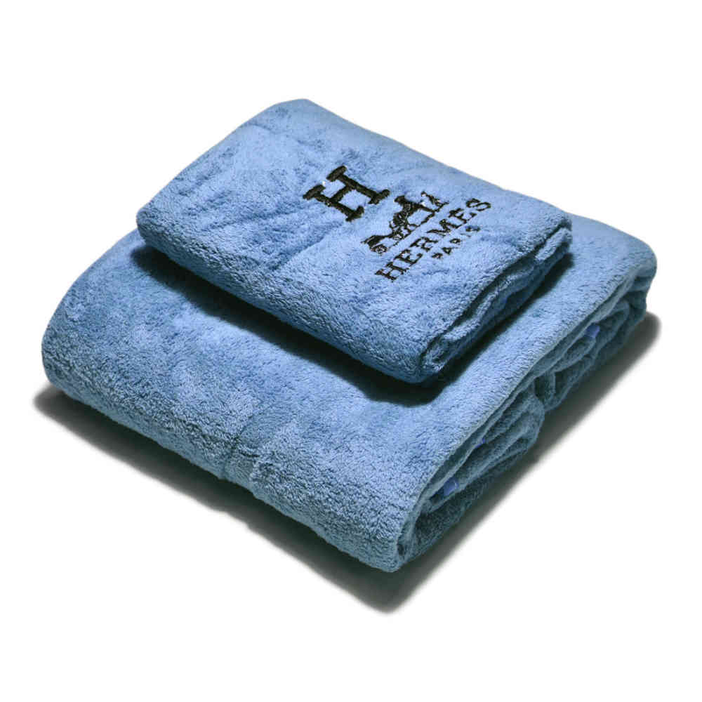 Blue Hermes Paris Embroidery Logo Light Brown Towels - Set of 2