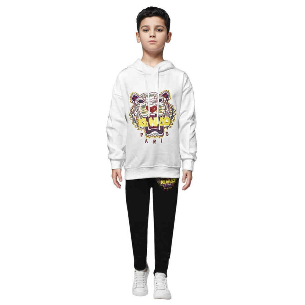 White KENZO Tiger Emroidered Black Premium Kids Co-ord Set