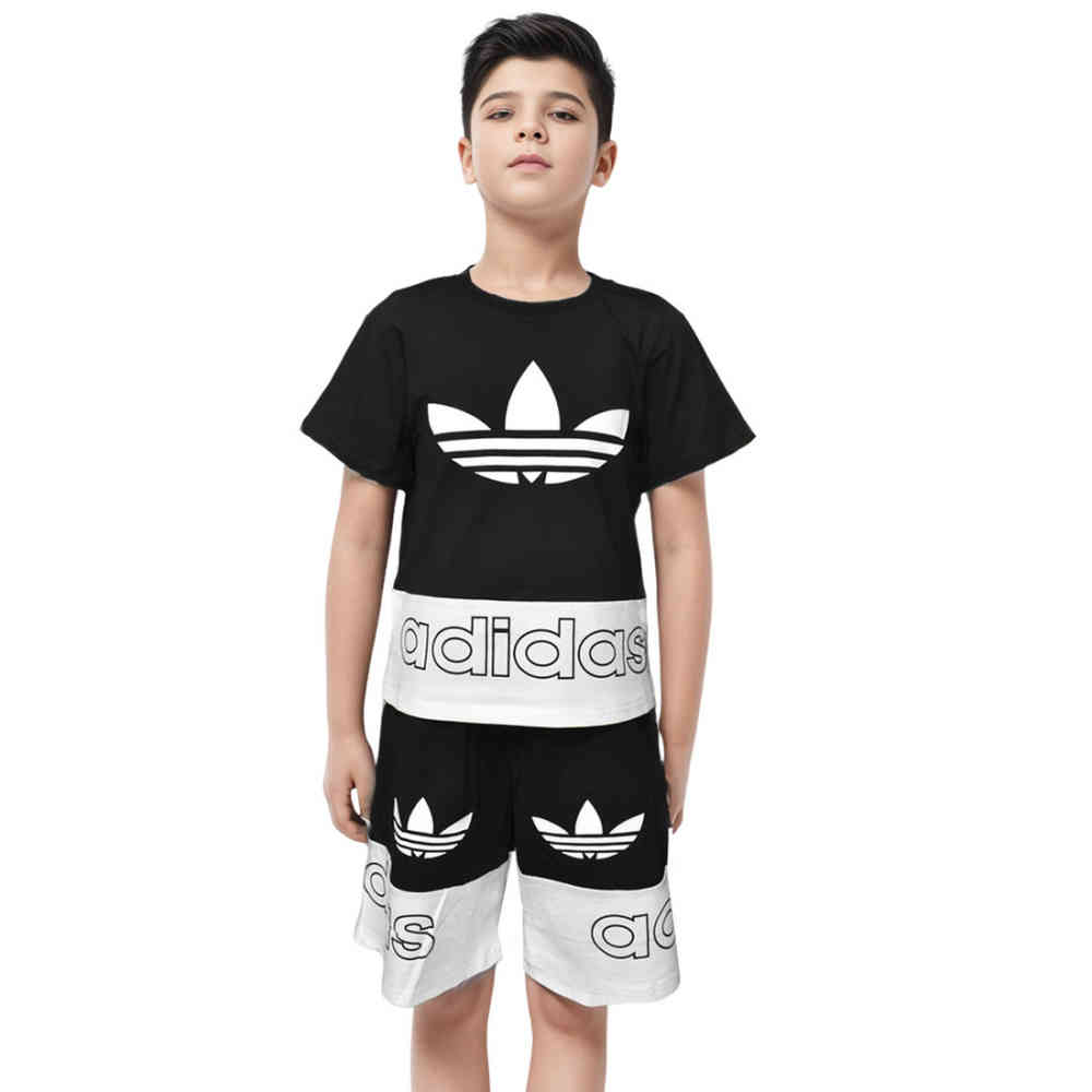 Adidas logo Printed Black & White Kids Co-ord Set-thumb-0