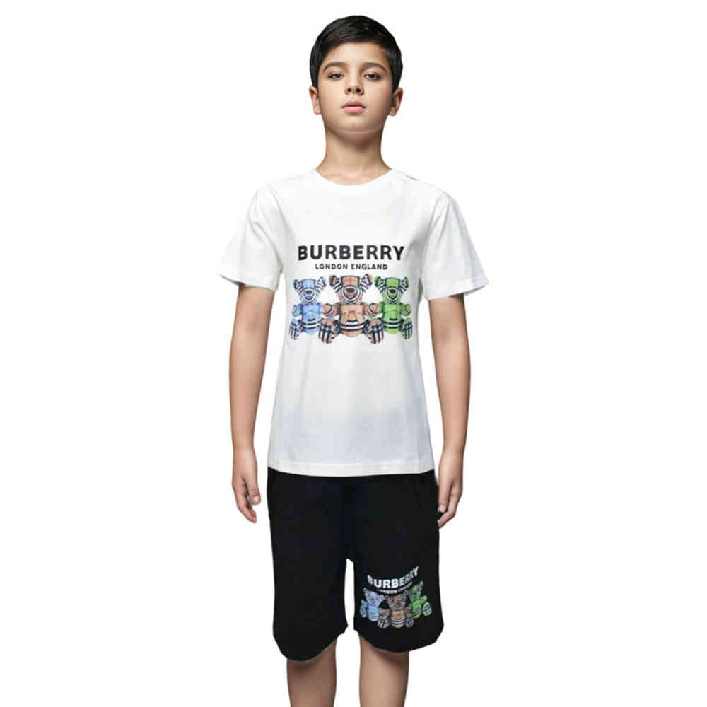 White Burberry Black Teddy-bear Print Premium Kids Co-ord Set