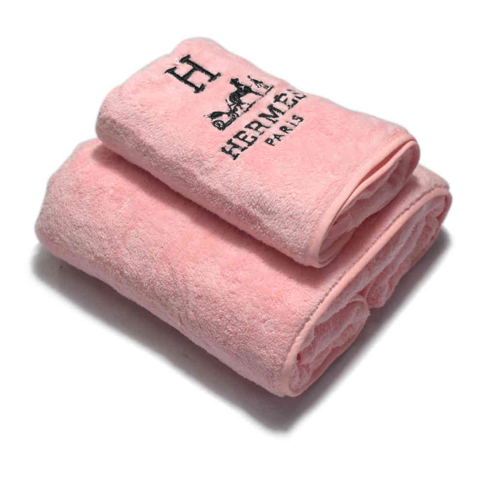 Pink Hermes Paris Embroidery Logo Light Brown Towels - Set of 2