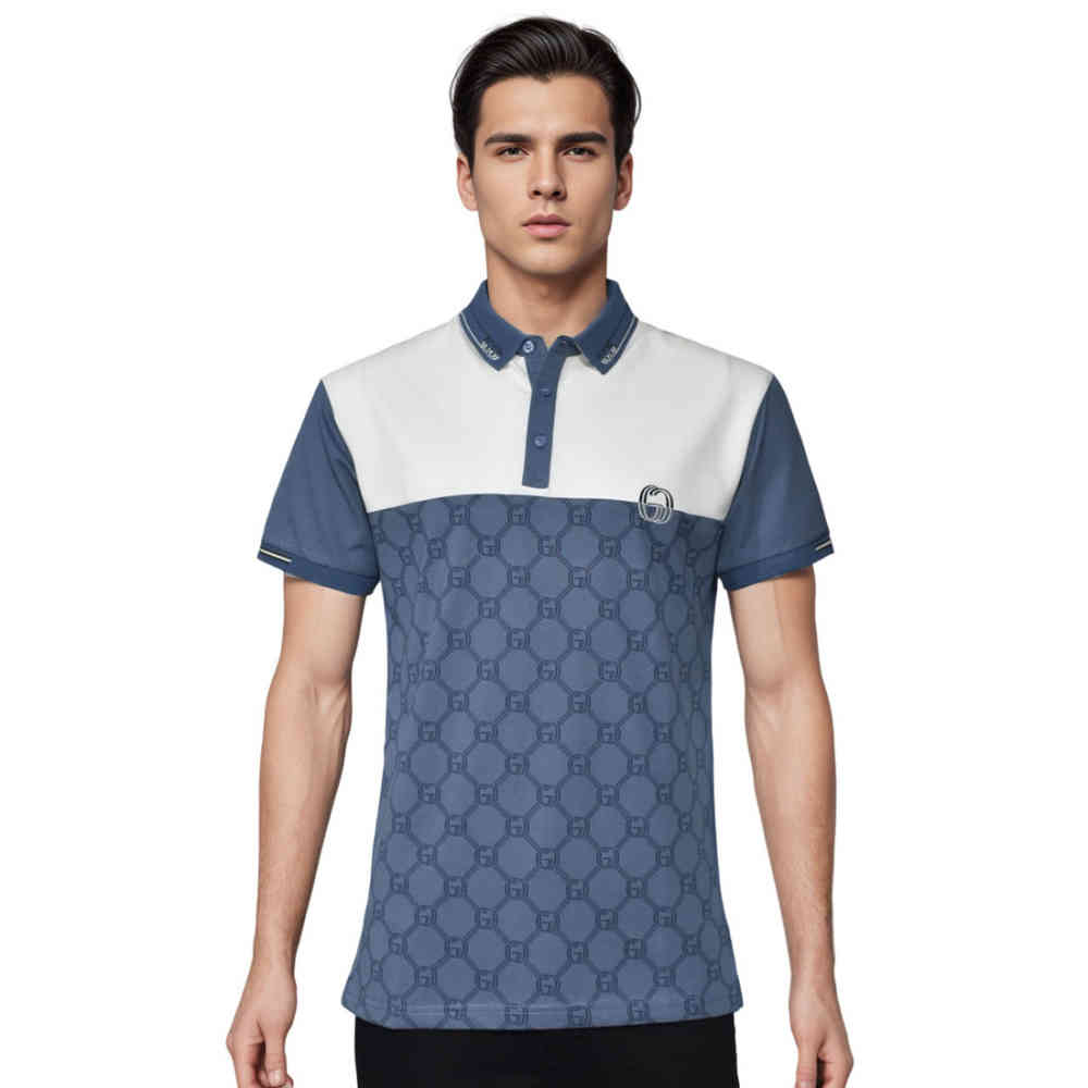 Blue Gucci Cream Monogram Print Premium Polo T-shirts