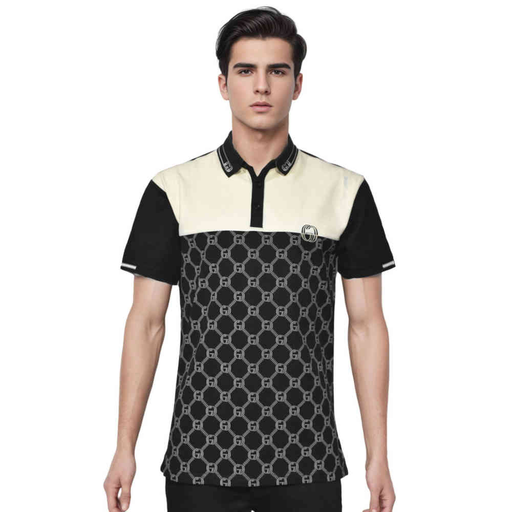 Black Gucci Cream Monogram Print Premium Polo T-shirts