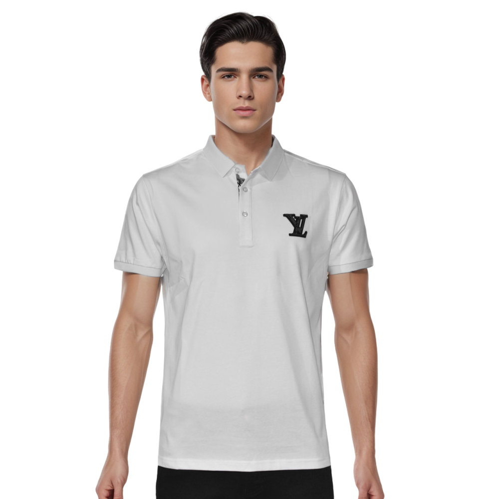 White Louis Vuitton Embossed Black Logo Premium Polo T-shirt