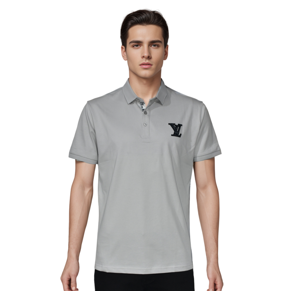 Grey Louis Vuitton Embossed Black Logo Premium Polo T-shirt