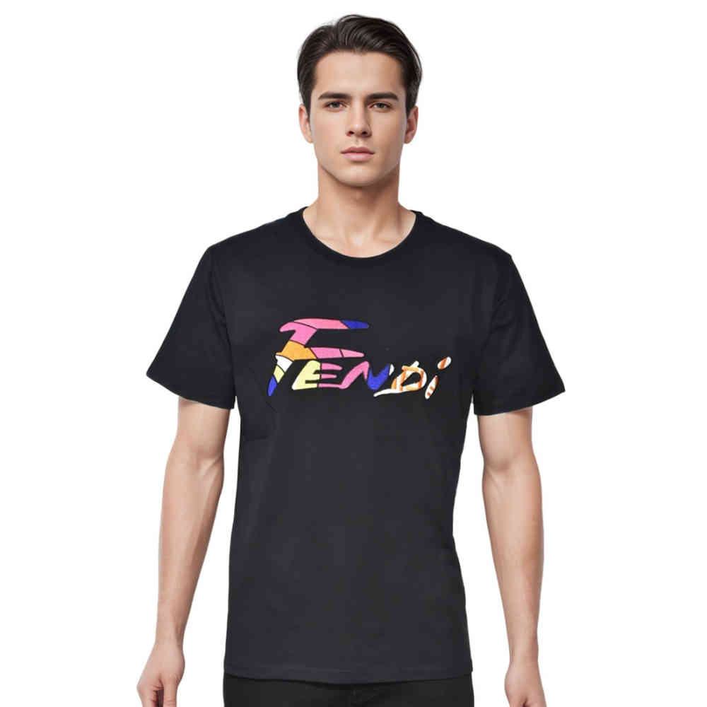 Black Fendi Brush logo White Premium Cotton T-shirt