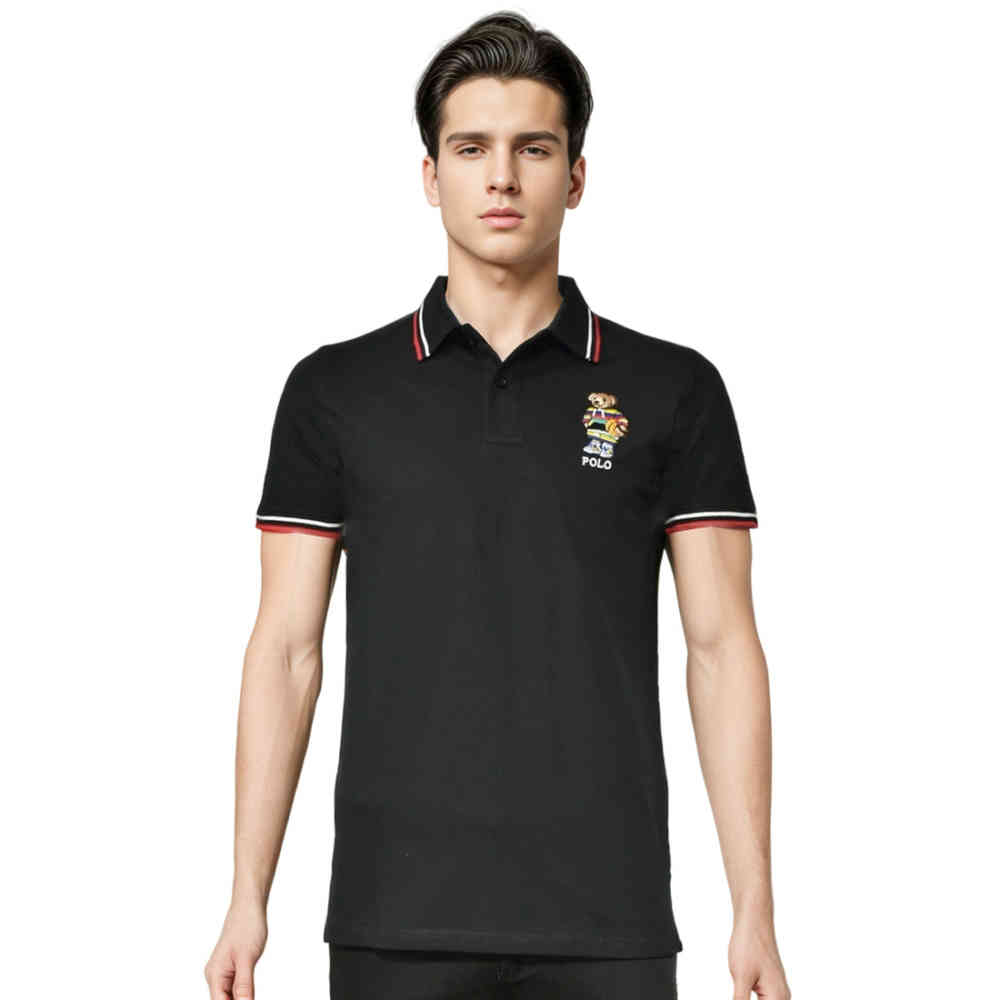 Black White Bear Embroidered Premium Polo T-shirt