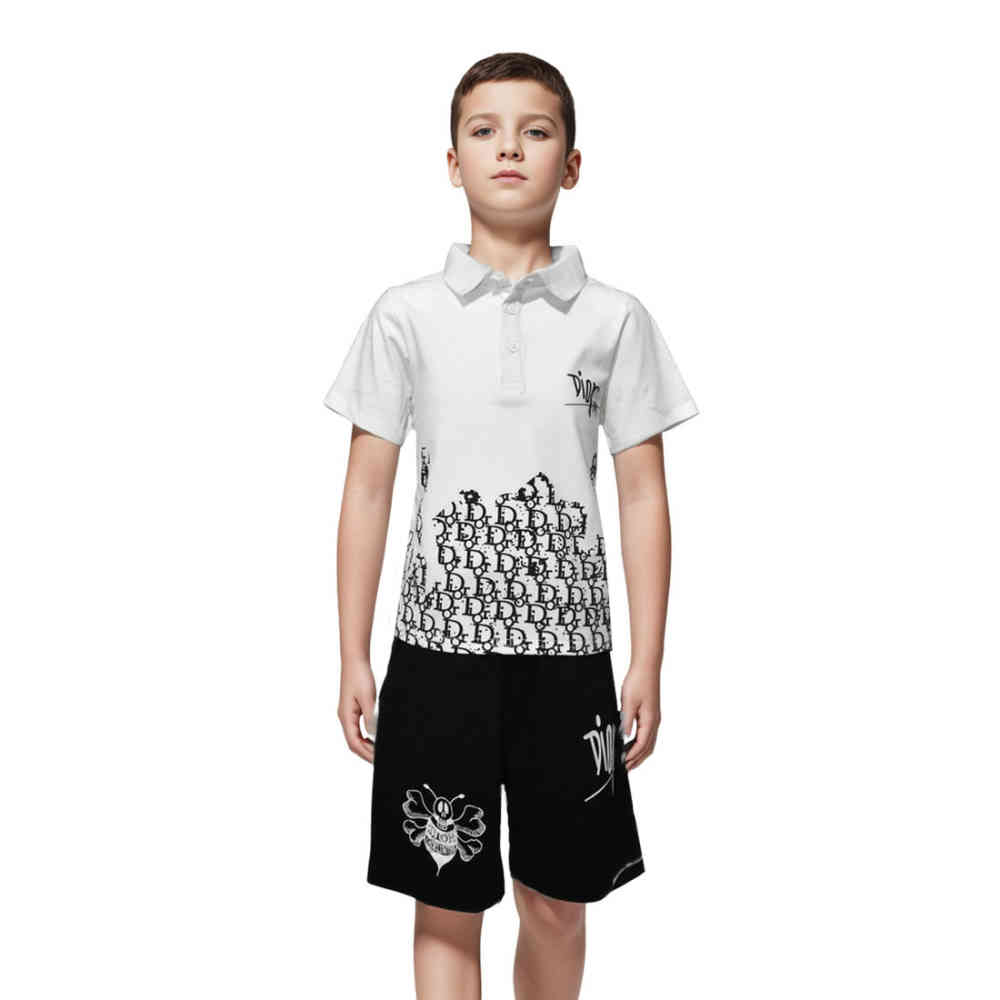 White Dior Bee Embroidered Black Premium Kids Co-ord Set