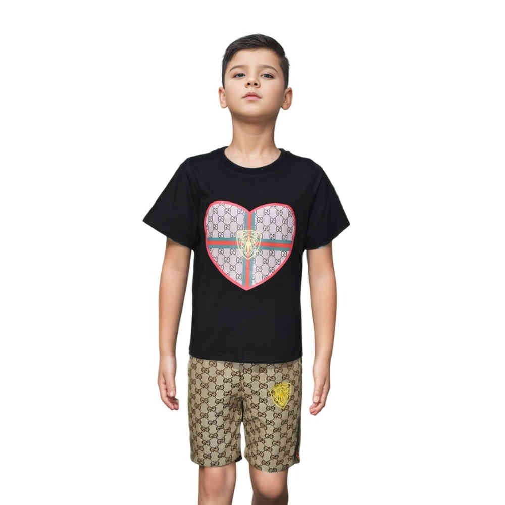 Black Gucci Heart Printed White Premium Kids Co-ord Set