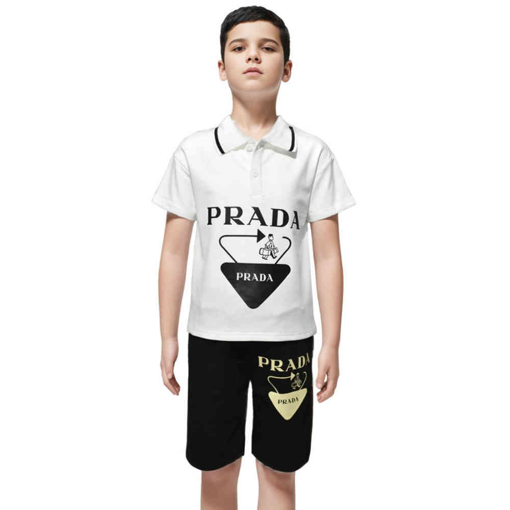 White Prada logo Print Round-neck Kids Co-ord Set
