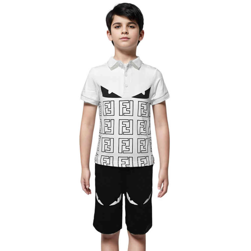 White Fendi logo Print Black Premium Kids Co-ord Set