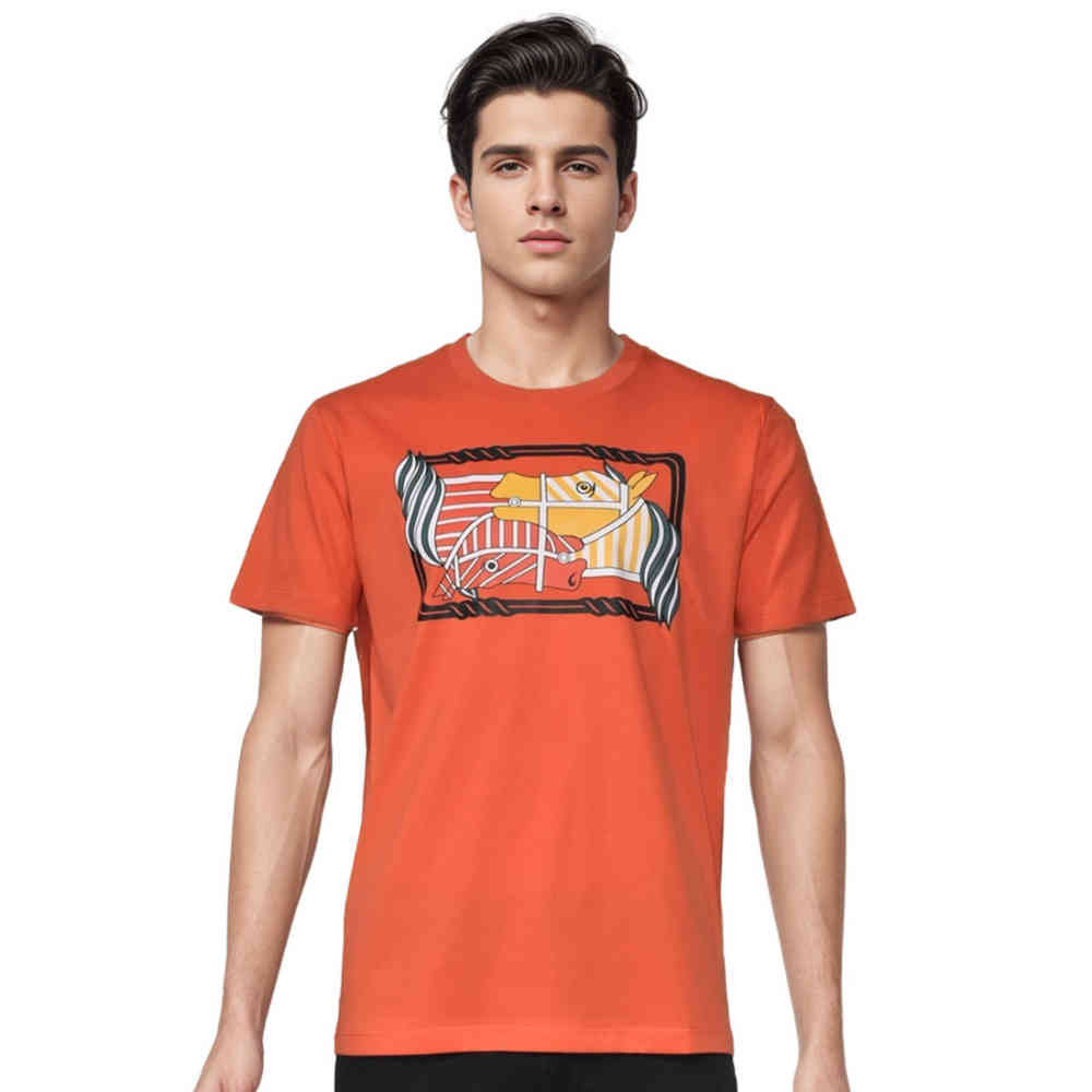 Orange Hermes Logo Print Black Premium T-shirt