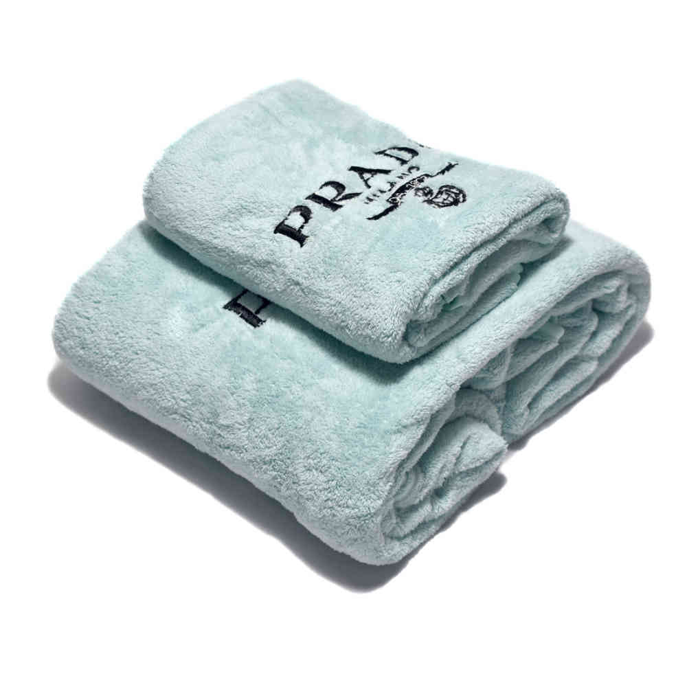 Baby Blue Prada Embroidered logo Dark Blue Towels - Set of 2