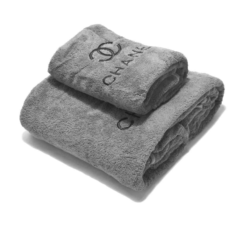 Grey Chanel Embroidery Logo Pink Premium Towels - Set of 2