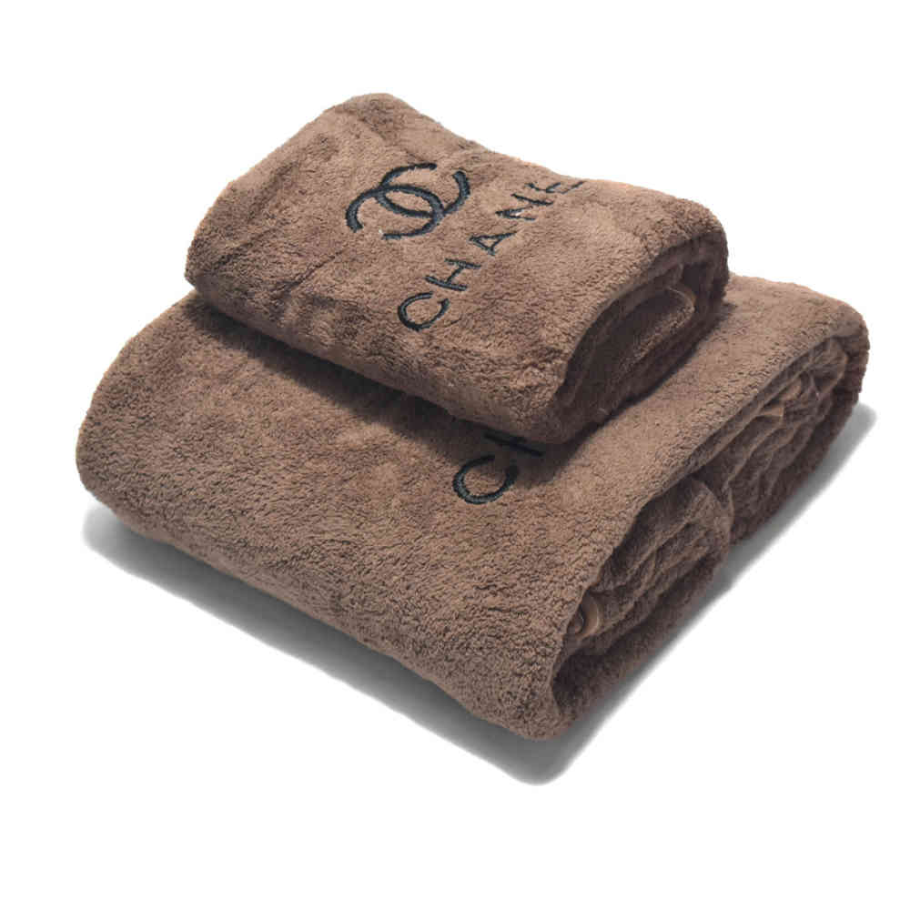 Dark Brown Chanel Embroidery Logo Pink Premium Towels - Set of 2