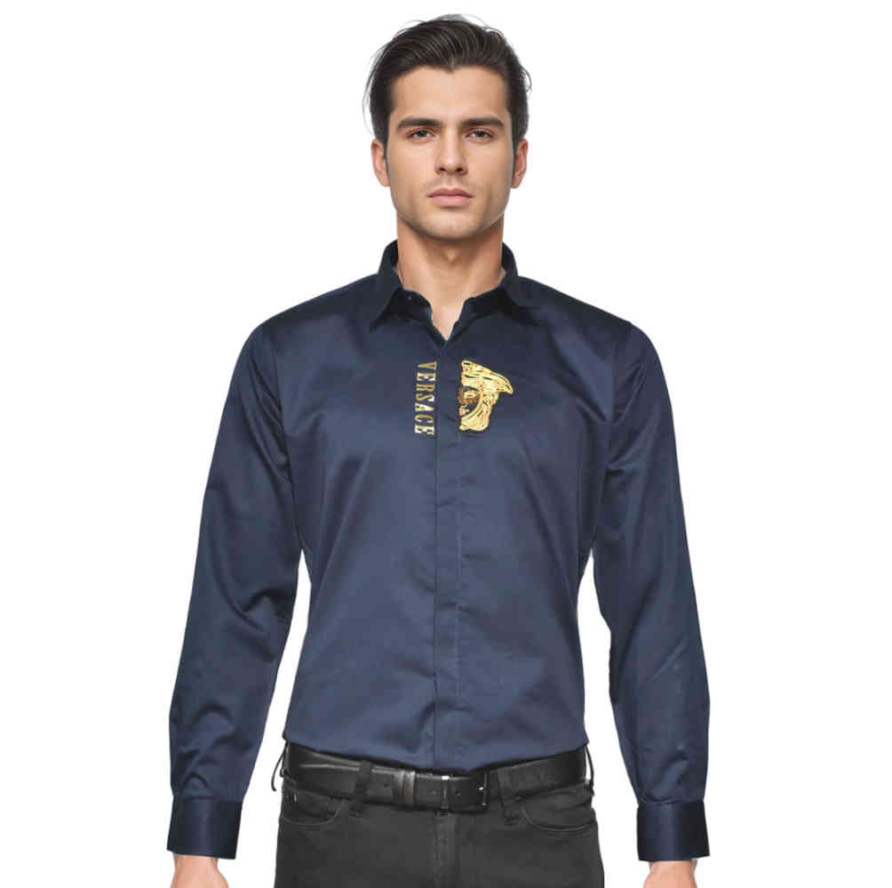 Navy Blue Versace Embroidered logo White Shirt