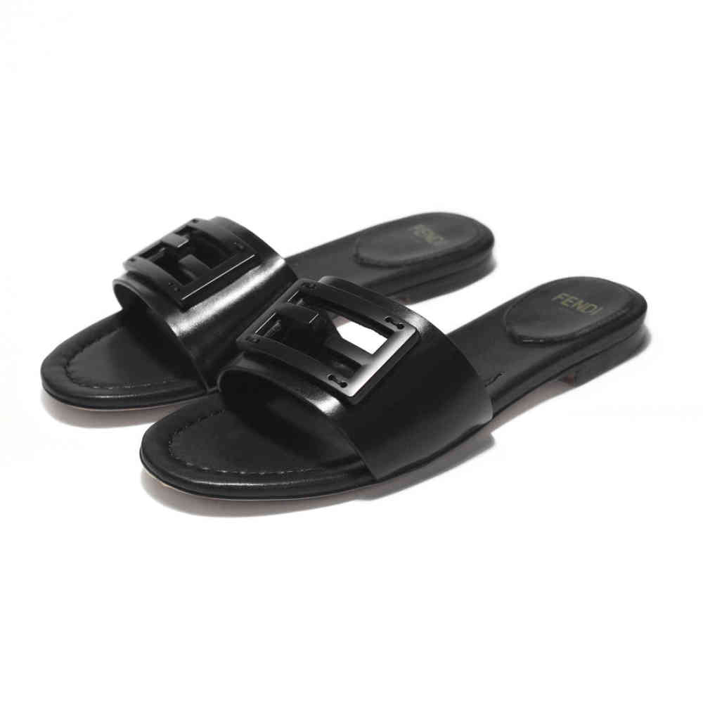 Black Fendi logo Brown Premium Leather Flat Sandals