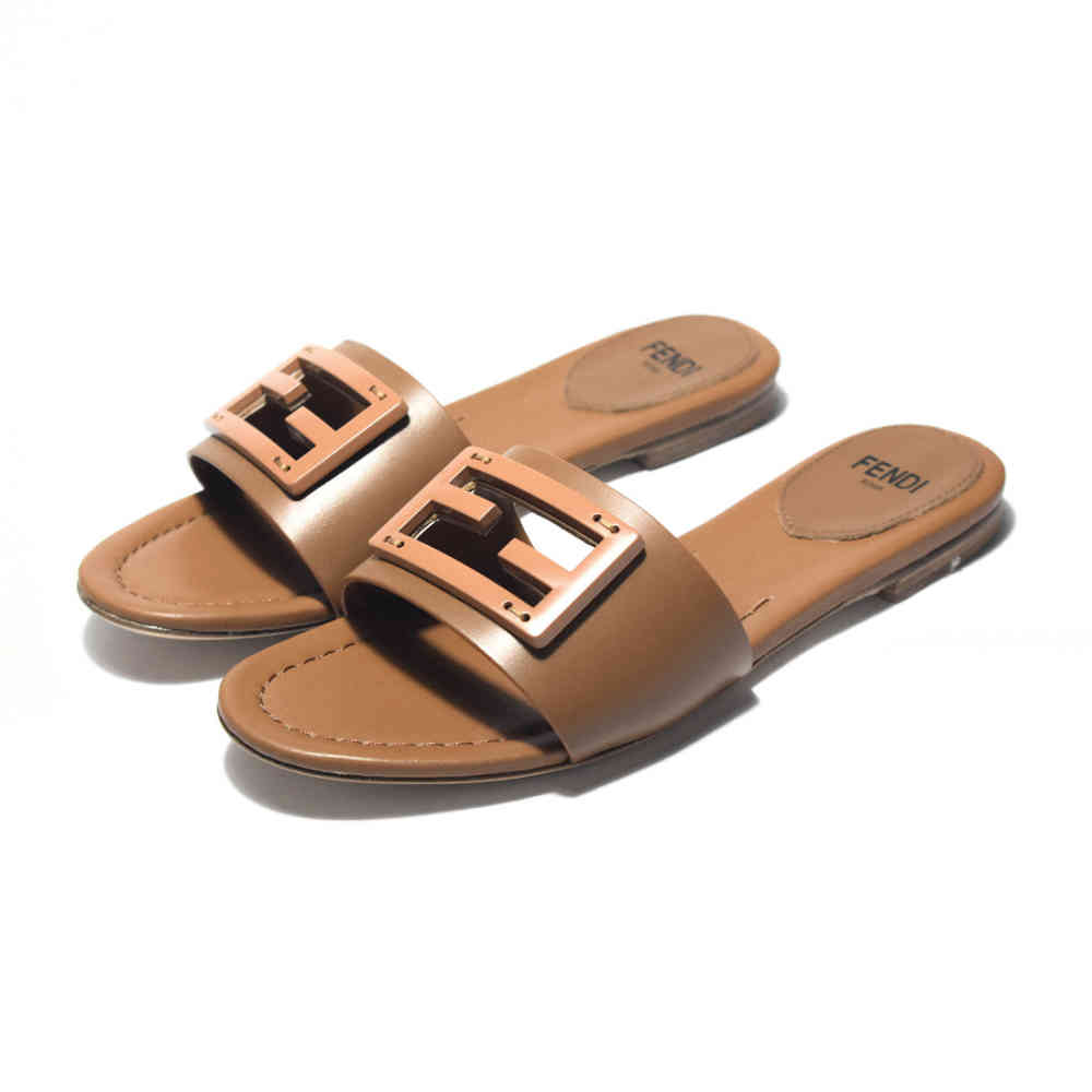 Fendi logo Brown Premium Leather Flat Sandals-thumb-0