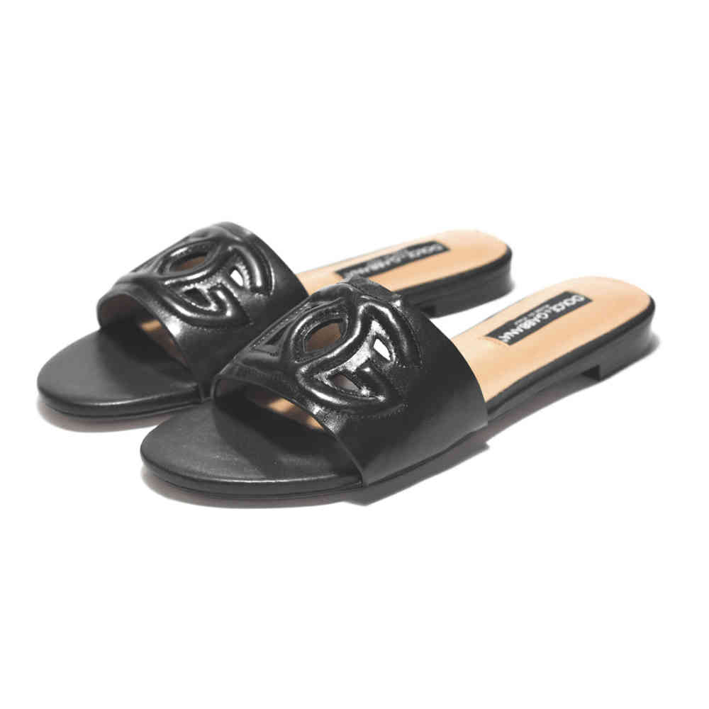 Black Dolce & Gabbana Pink logo Slides Flat Sandals