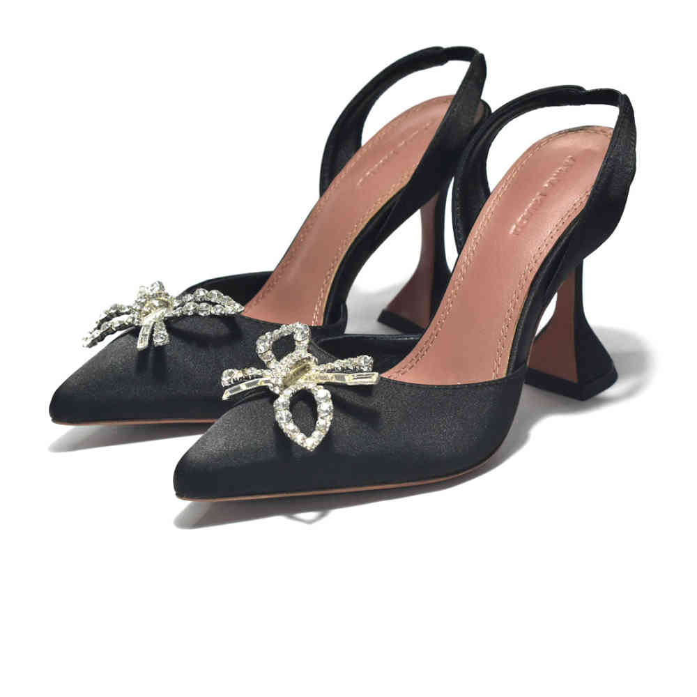 Amina Muaddi Black Begum Sling Satin Heel Sandals-thumb-0