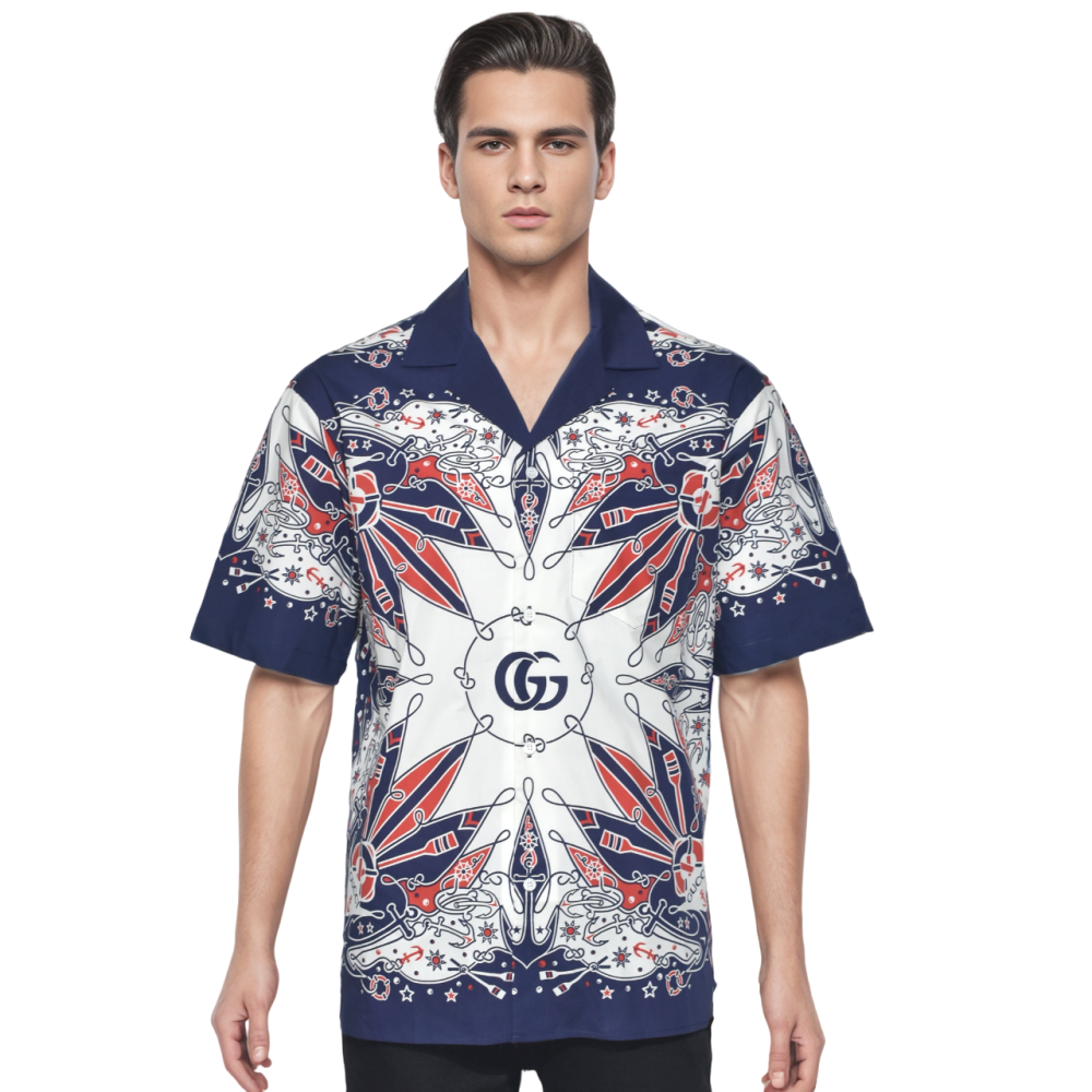 Red & Blue Gucci Bandana Print white & light blue Cotton Shirt