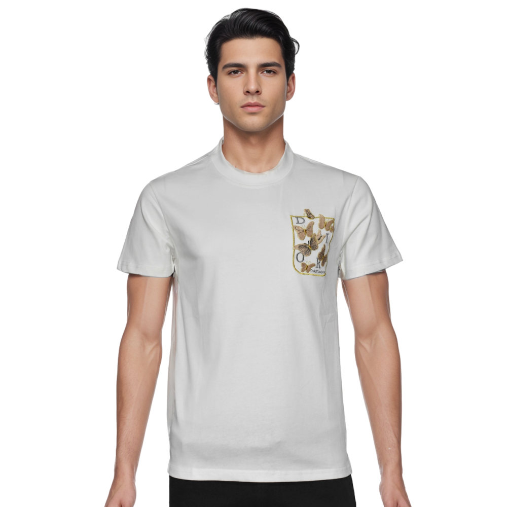 White Dior Butterfly Embroidery Pocket Black T-shirt