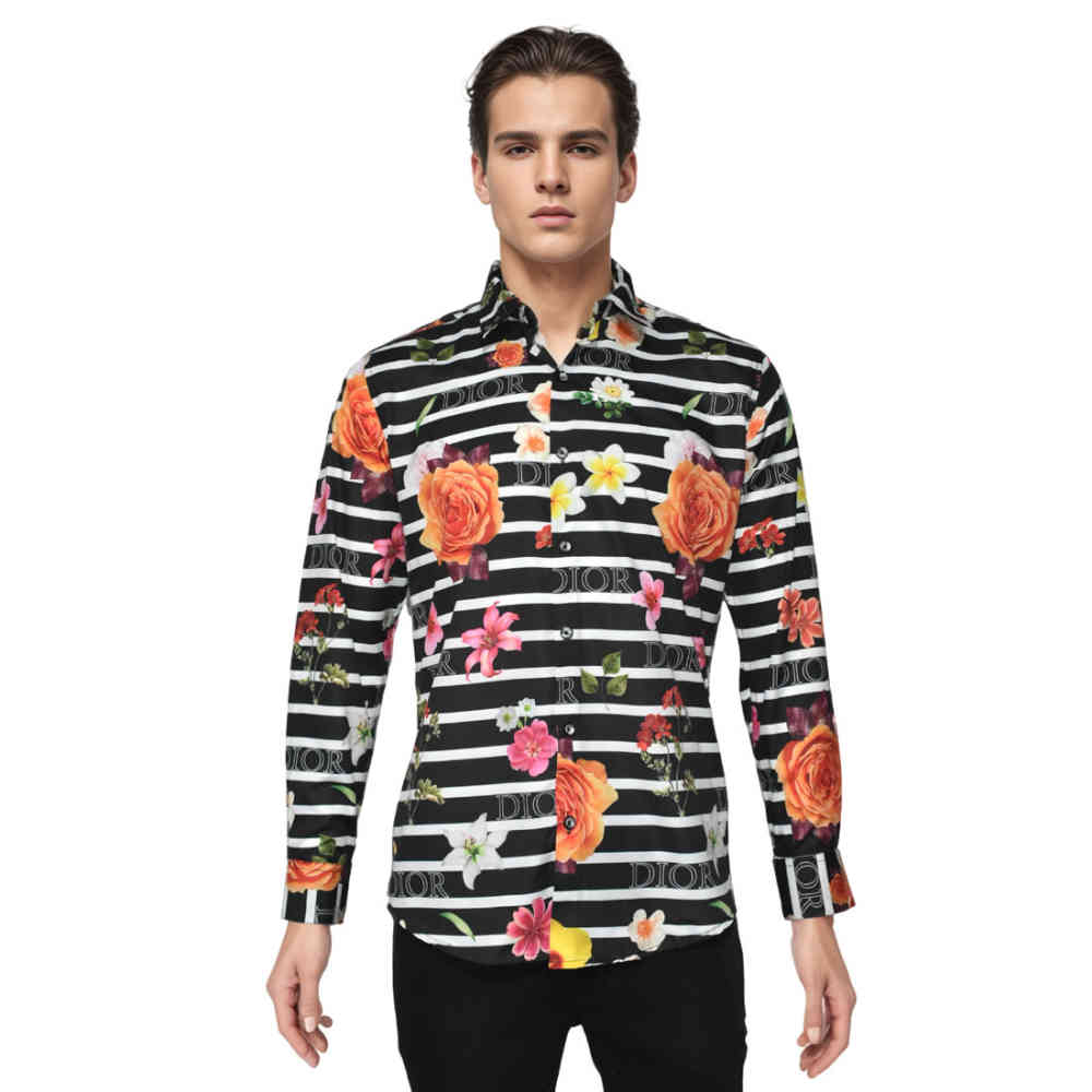 Dior Floral Print Black Premium Cotton Shirt-6