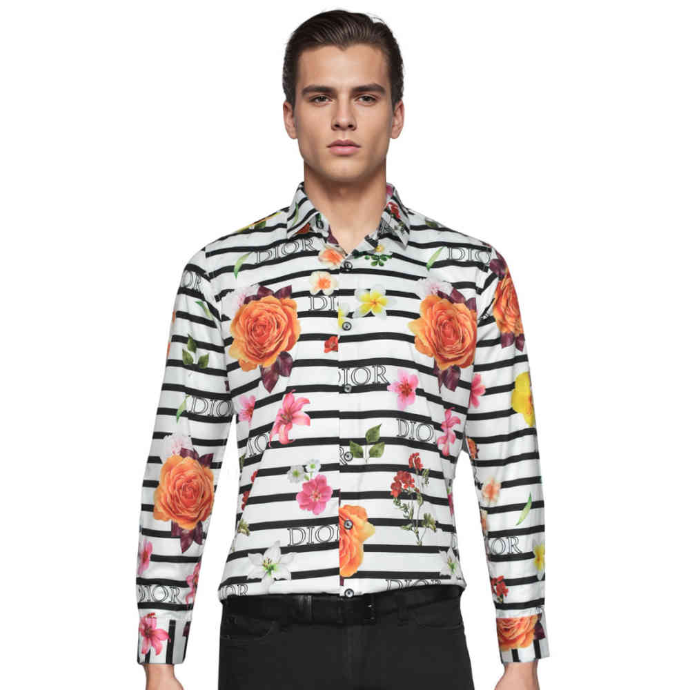 White Dior Floral Print Black Premium Cotton Shirt