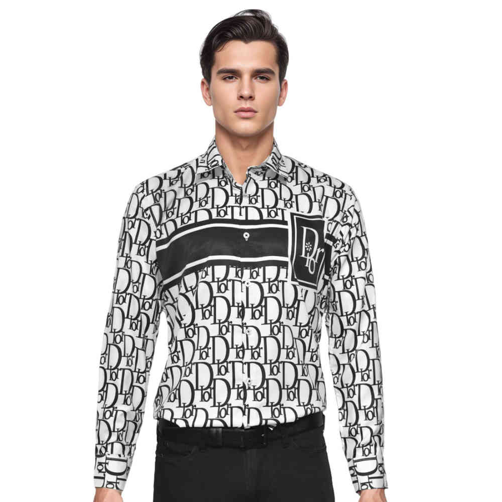 White Dior Printed Black Premium Quality Cotton Shirt
