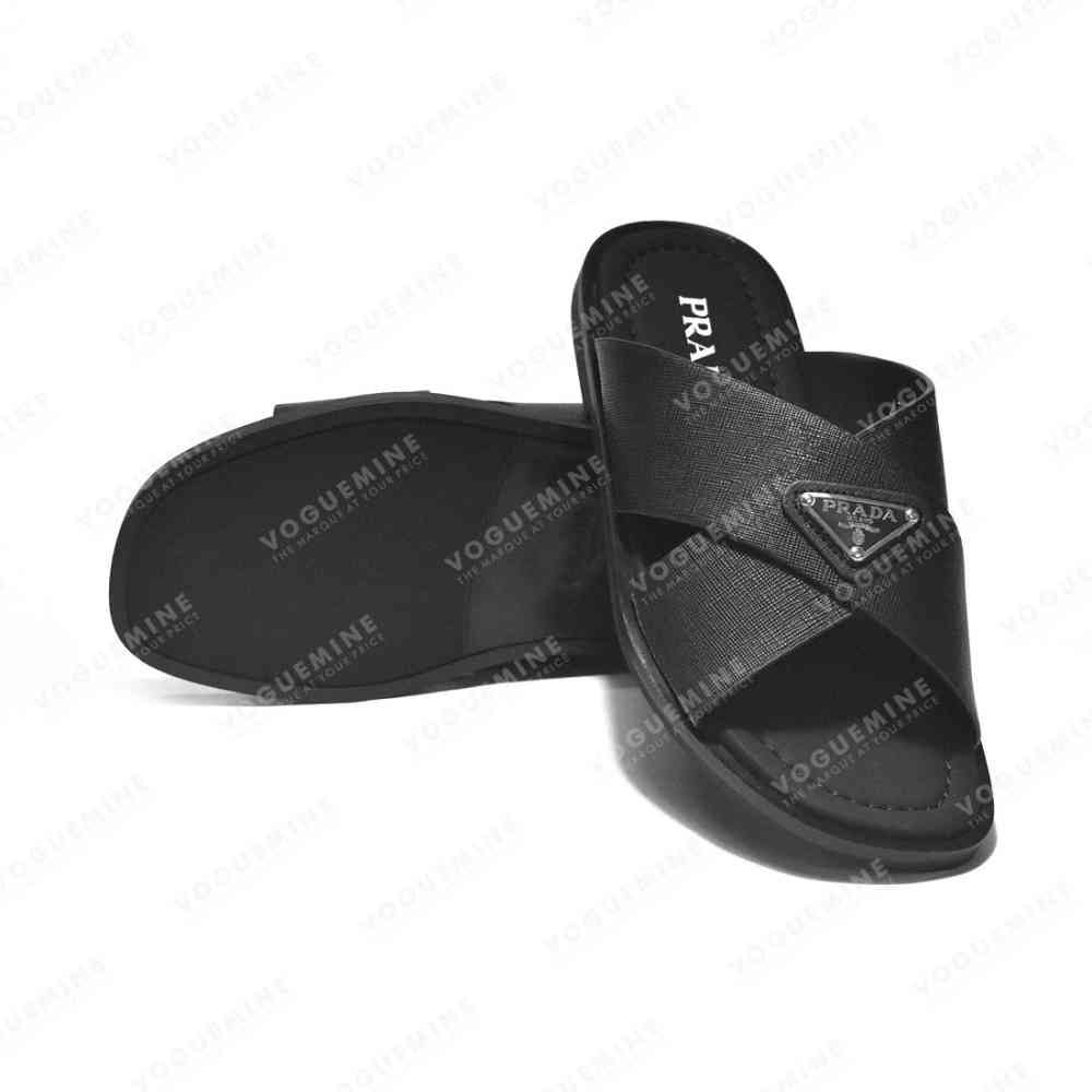 Prada Black Saffiano leather Crisscross Flip-flops-6